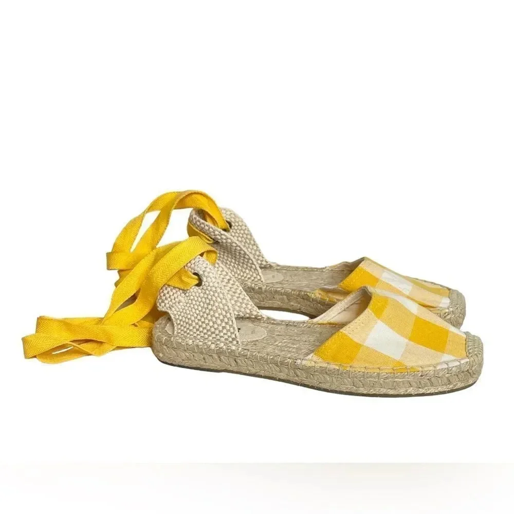 Soludos Lauren Espadrilles Size 7 Plaid Marigold Ankle Wrap Ties Jute EUC